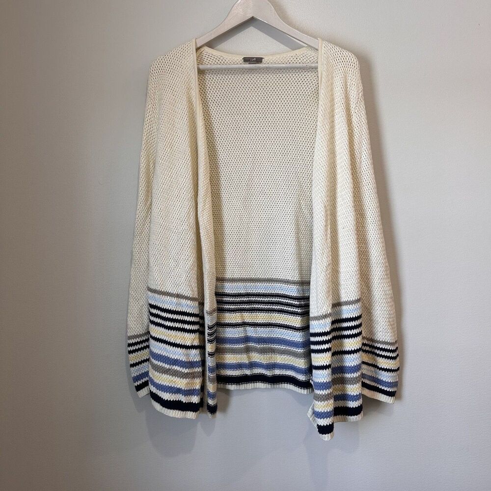 J.Jill chunky open knit soft cardigan beige/ blue striped womens Large Comfort
